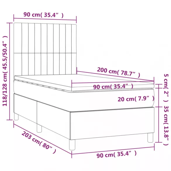fekete bársony rugós és LED-es ágy matraccal 90x200 cm