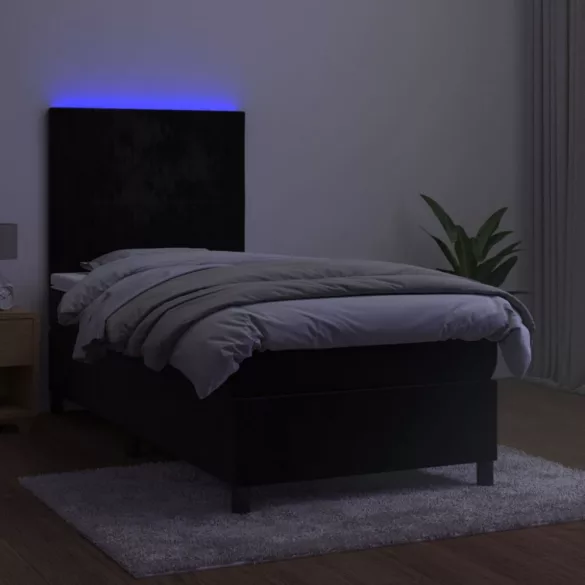 fekete bársony rugós és LED-es ágy matraccal 100x200 cm