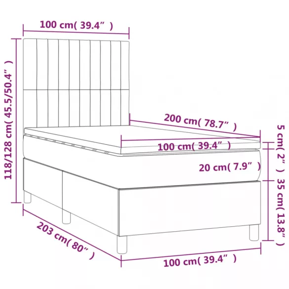 fekete bársony rugós és LED-es ágy matraccal 100x200 cm