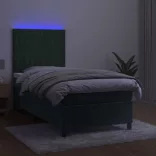 sötétzöld bársony rugós és LED-es ágy matraccal 100x200 cm