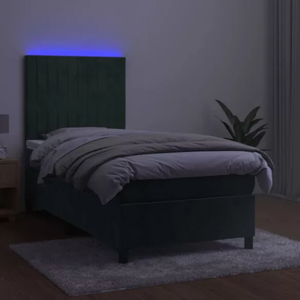 sötétzöld bársony rugós és LED-es ágy matraccal 100x200 cm