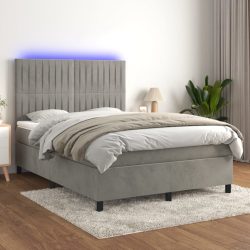   világosszürke bársony rugós és LED-es ágy matraccal 140x190 cm