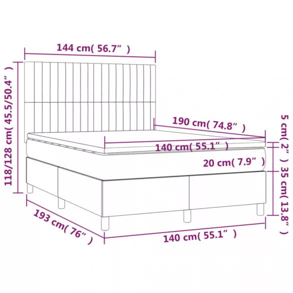fekete bársony rugós és LED-es ágy matraccal 140x190 cm
