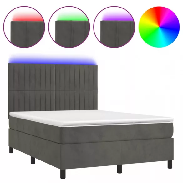 sötétszürke bársony rugós és LED-es ágy matraccal 140x200 cm