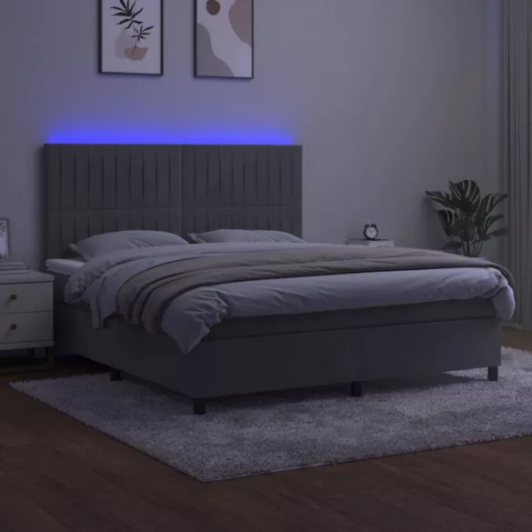 világosszürke bársony rugós és LED-es ágy matraccal 160x200 cm