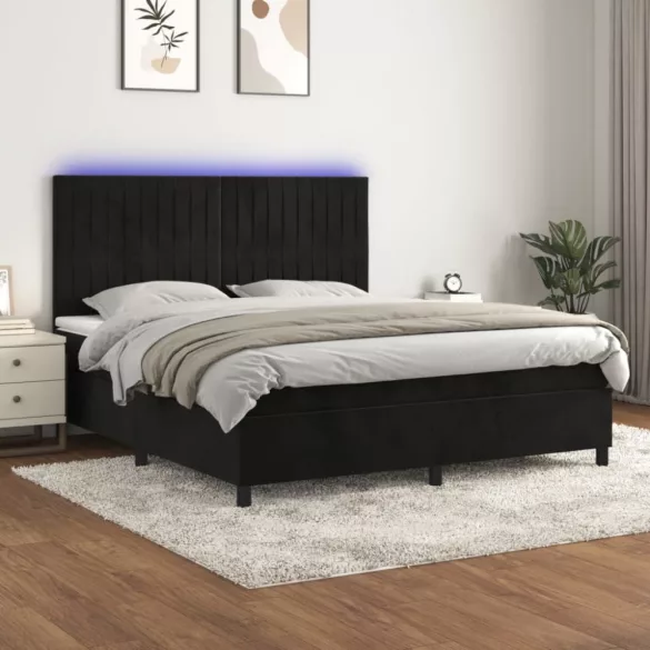 fekete bársony rugós és LED-es ágy matraccal 160x200 cm