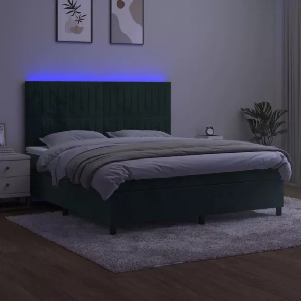 sötétzöld bársony rugós és LED-es ágy matraccal 180x200 cm