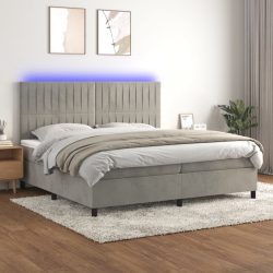   világosszürke bársony rugós és LED-es ágy matraccal 200x200 cm