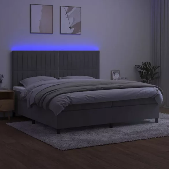 világosszürke bársony rugós és LED-es ágy matraccal 200x200 cm