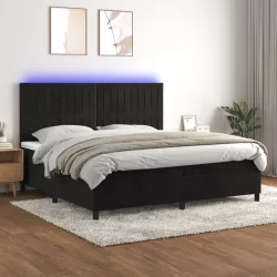 fekete bársony rugós és LED-es ágy matraccal 200x200 cm