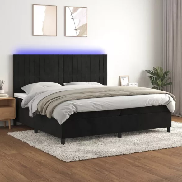 fekete bársony rugós és LED-es ágy matraccal 200x200 cm