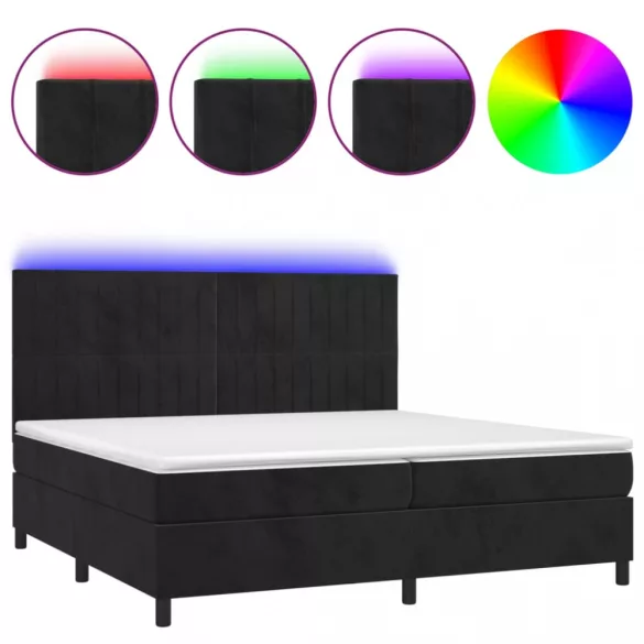 fekete bársony rugós és LED-es ágy matraccal 200x200 cm