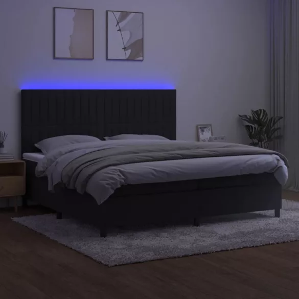 fekete bársony rugós és LED-es ágy matraccal 200x200 cm
