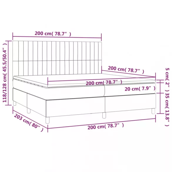 fekete bársony rugós és LED-es ágy matraccal 200x200 cm