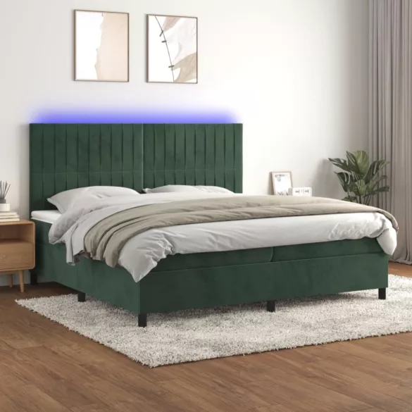 sötétzöld bársony rugós és LED-es ágy matraccal 200x200 cm