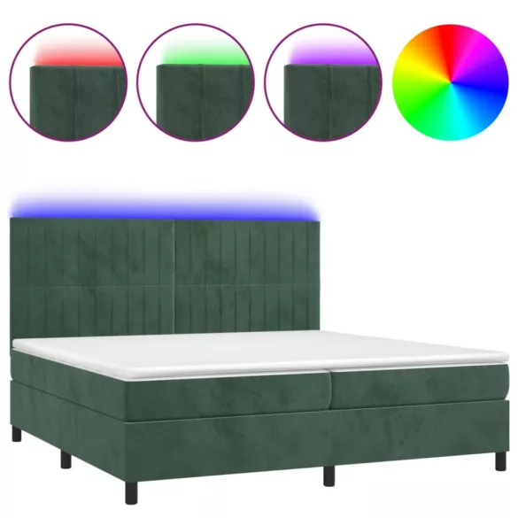 sötétzöld bársony rugós és LED-es ágy matraccal 200x200 cm