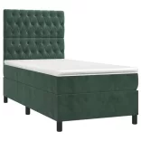 sötétzöld bársony rugós és LED-es ágy matraccal 90x190 cm