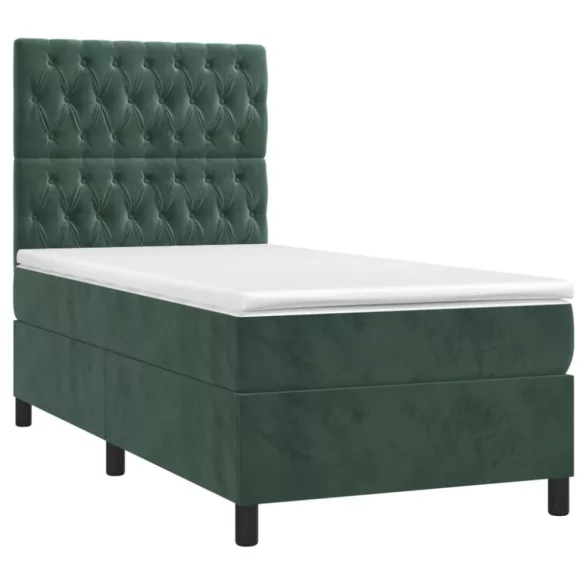 sötétzöld bársony rugós és LED-es ágy matraccal 90x190 cm