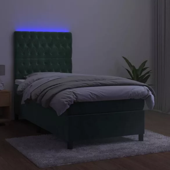 sötétzöld bársony rugós és LED-es ágy matraccal 90x190 cm