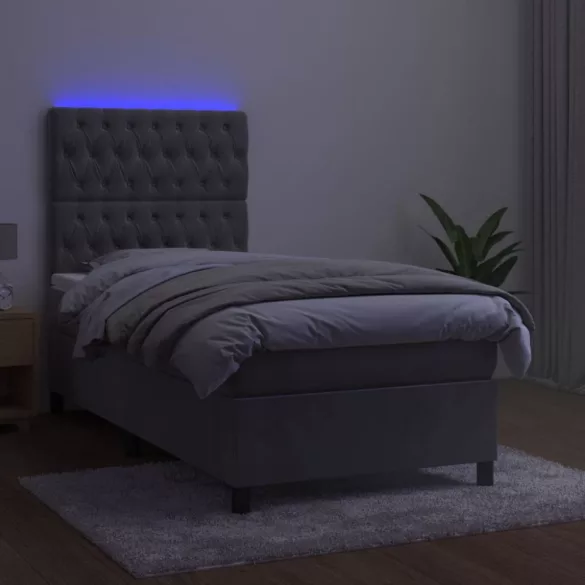 világosszürke bársony rugós és LED-es ágy matraccal 90x200 cm