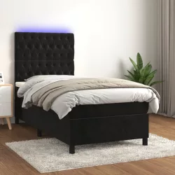 fekete bársony rugós és LED-es ágy matraccal 90x200 cm
