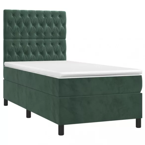 sötétzöld bársony rugós és LED-es ágy matraccal 90x200 cm