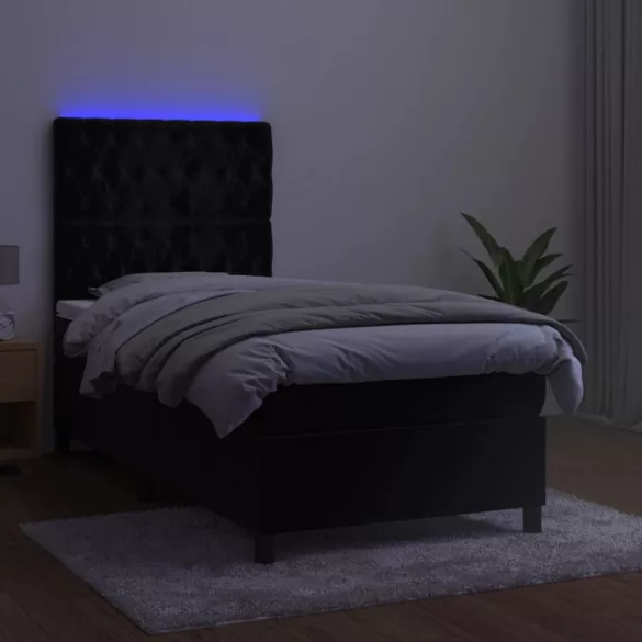 fekete bársony rugós és LED-es ágy matraccal 100x200 cm