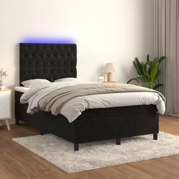 fekete bársony rugós és LED-es ágy matraccal 120x200 cm