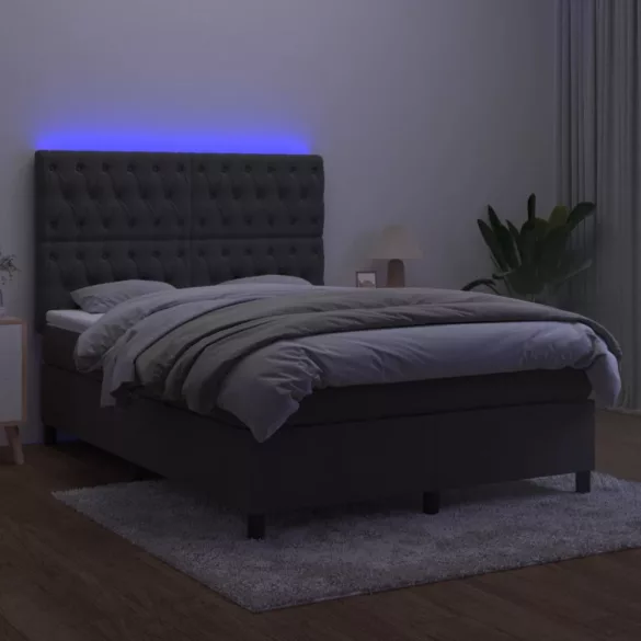 sötétszürke bársony rugós és LED-es ágy matraccal 140x190 cm