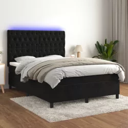 fekete bársony rugós és LED-es ágy matraccal 140x190 cm