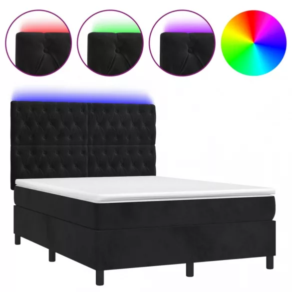 fekete bársony rugós és LED-es ágy matraccal 140x190 cm
