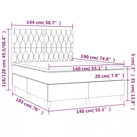 fekete bársony rugós és LED-es ágy matraccal 140x190 cm