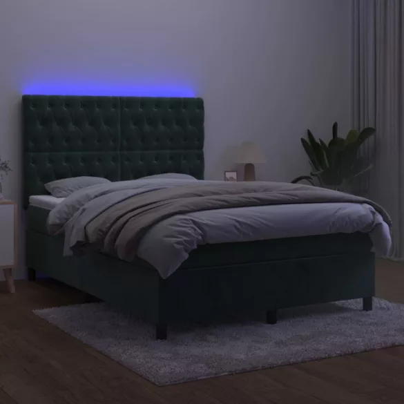 sötétzöld bársony rugós és LED-es ágy matraccal 140x190 cm