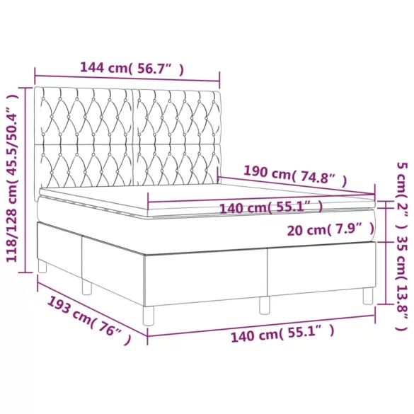 sötétzöld bársony rugós és LED-es ágy matraccal 140x190 cm