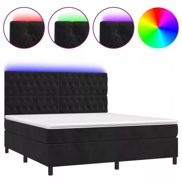 fekete bársony rugós és LED-es ágy matraccal 160x200 cm