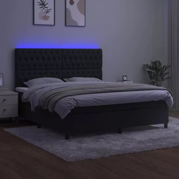 fekete bársony rugós és LED-es ágy matraccal 160x200 cm