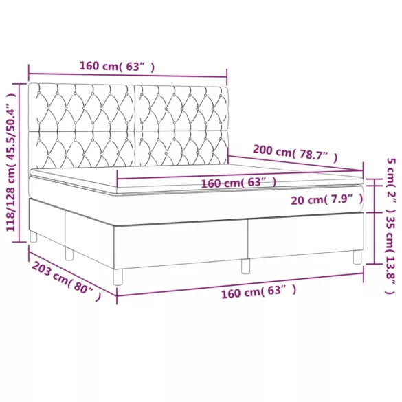 sötétzöld bársony rugós és LED-es ágy matraccal 160x200 cm