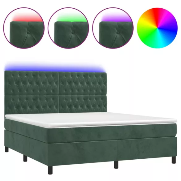 sötétzöld bársony rugós és LED-es ágy matraccal 180x200 cm