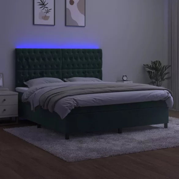 sötétzöld bársony rugós és LED-es ágy matraccal 180x200 cm