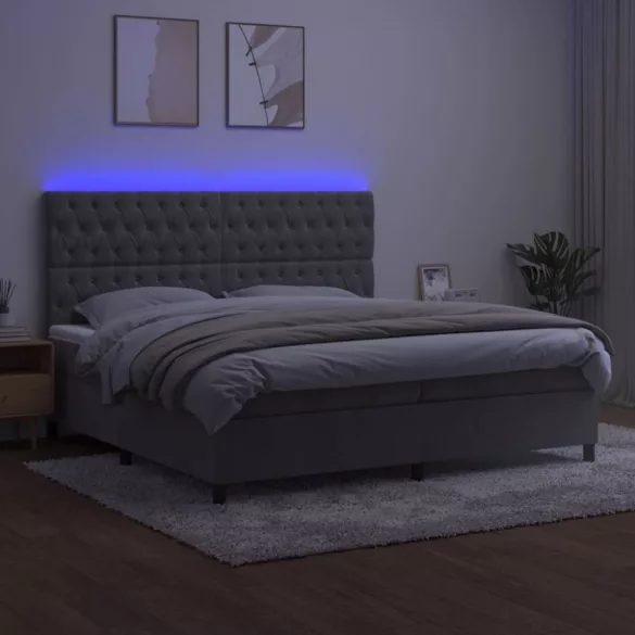 világosszürke bársony rugós és LED-es ágy matraccal 200x200 cm