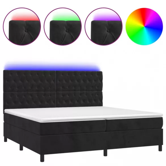 fekete bársony rugós és LED-es ágy matraccal 200x200 cm