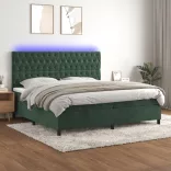 sötétzöld bársony rugós és LED-es ágy matraccal 200x200 cm