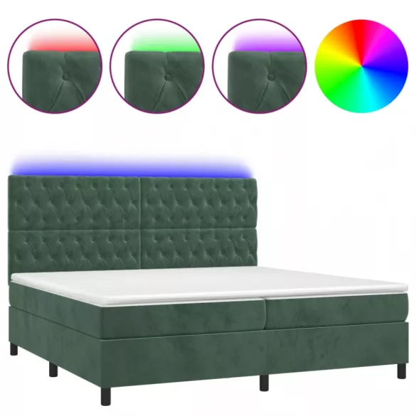 sötétzöld bársony rugós és LED-es ágy matraccal 200x200 cm