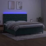 sötétzöld bársony rugós és LED-es ágy matraccal 200x200 cm