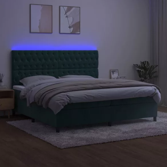 sötétzöld bársony rugós és LED-es ágy matraccal 200x200 cm