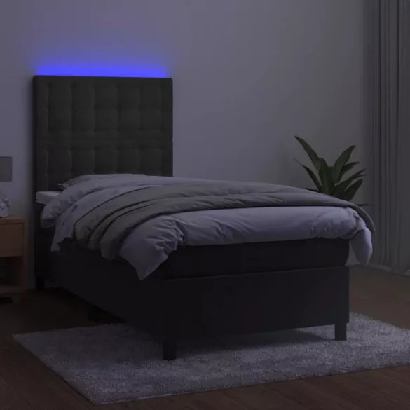 sötétszürke bársony rugós és LED-es ágy matraccal 80 x 200 cm