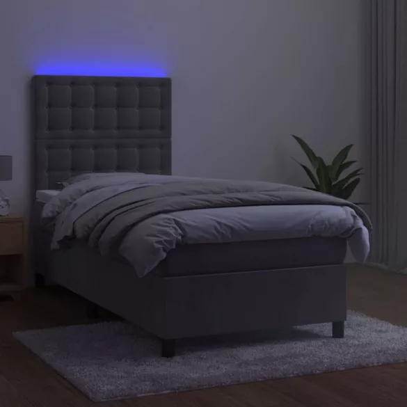 világosszürke bársony rugós és LED-es ágy matraccal 90x190 cm