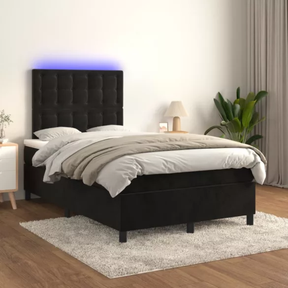 fekete bársony rugós és LED-es ágy matraccal 120x200 cm