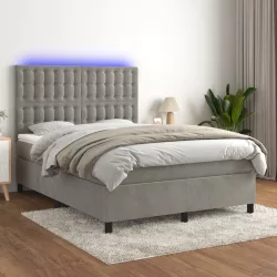   világosszürke bársony rugós és LED-es ágy matraccal 140x190 cm