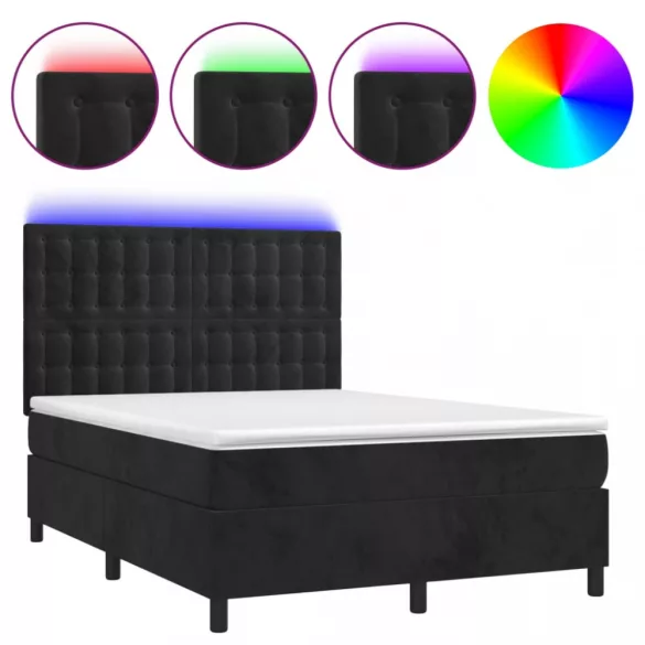 fekete bársony rugós és LED-es ágy matraccal 140x190 cm